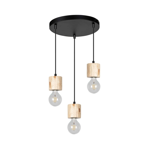 Pino Pendant Lamp 3xE27 Max.60W Natural Pine/Black Metal/Black PVC Cable 7161350R