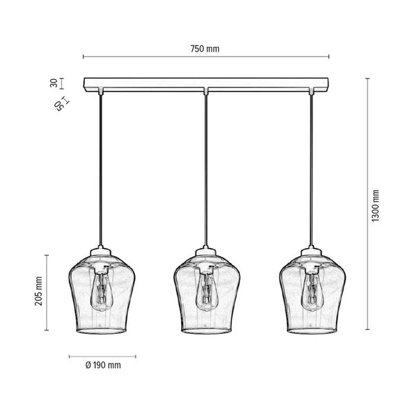 Juba Pendant Lamp 3xE27 Max.60W Black Metal/Black PVC Cable/Smoked Glass 5500062