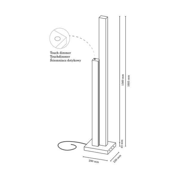 Manhattan Floor Lamp 2xLED 24V Integrated 3500lm 3000K 37,5W Walnut Beech Wood/Black Fabric Cable with Touch Dimmer 6482976