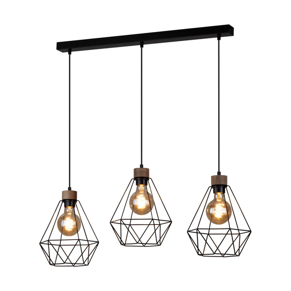 Diament Pendant Lamp 3xE27 Max.60W Oiled Oak/Black Metal/Black PVC Cable 21822304