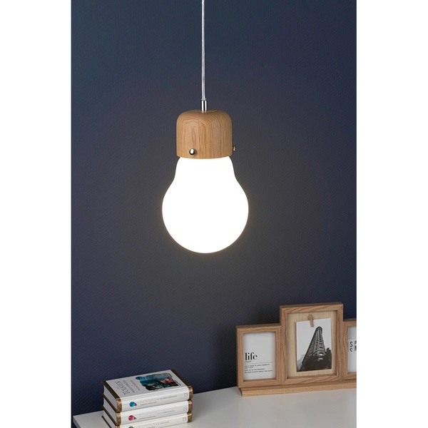 Bulb Wood Pendant Lamp 1xE27 Max.60W Oiled Oak/Transparent PVC Cable/White Glass 2811174