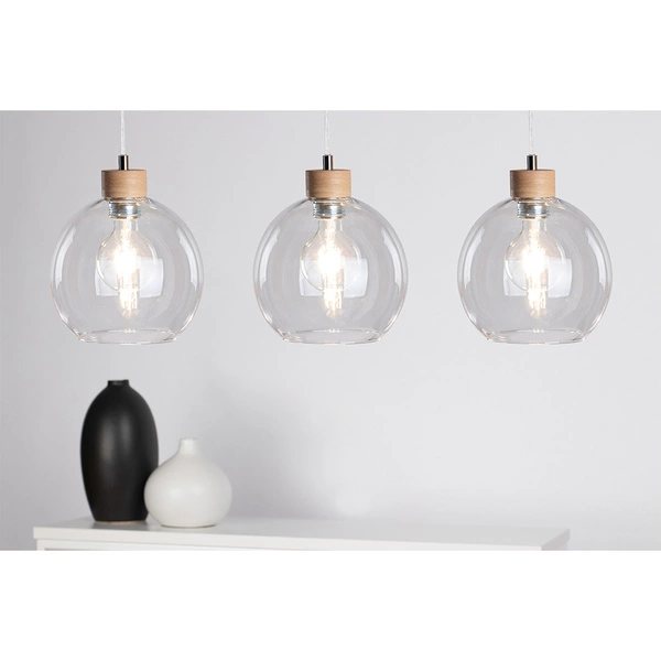 Laguna Wood Pendant Lamp 3xE27 Max.60W Oiled Oak/Transparent PVC Cable/Transparent Glass 18710374