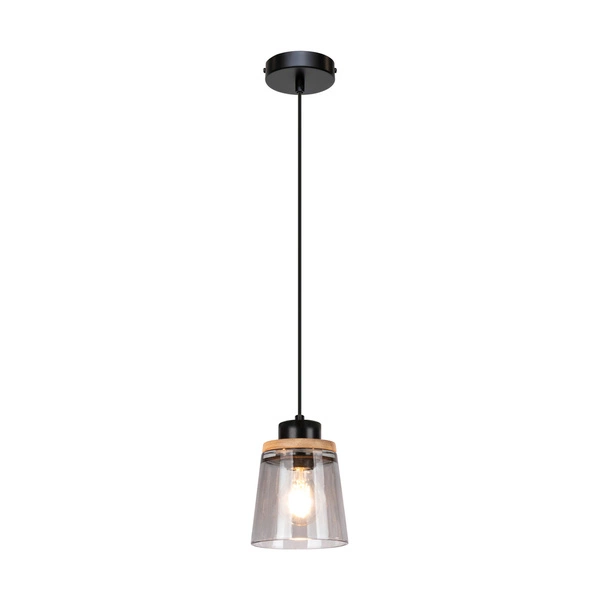 Warnemünde Pendant Lamp 1xE27 Max.60W Oiled Oak/Black Metal/Black PVC Cable/Smoked Glass 78349104
