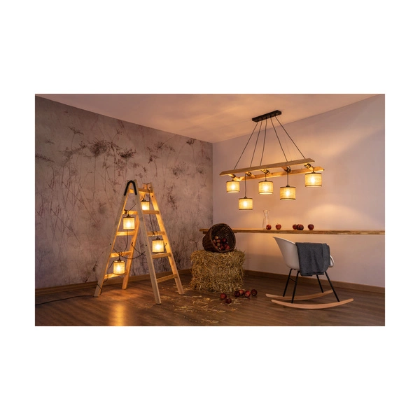 Eskalo Pendant Lamp 5xE27 Max.25W Stained Pine Brown/Black Metal/Black PVC Cable/Natural Linen with black ribbon Shade 7739551