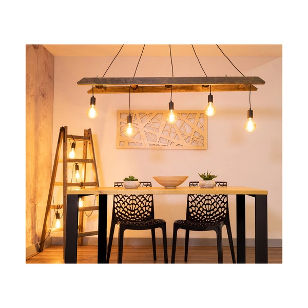 Lampa Wisząca Eskalo 5xE27 Max.60W Bejcowana Sosna na Orzechu/Czarnym Metalu/Czarnym Kablu PCV 7219556