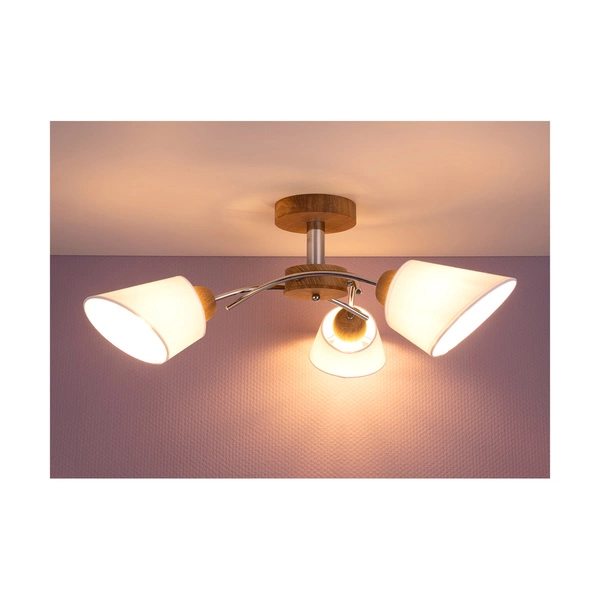 Mette Wood Ceiling Lamp 3xE27 Max.40W Oiled Oak/Chrome Metal/White Fabric Shade 8341374