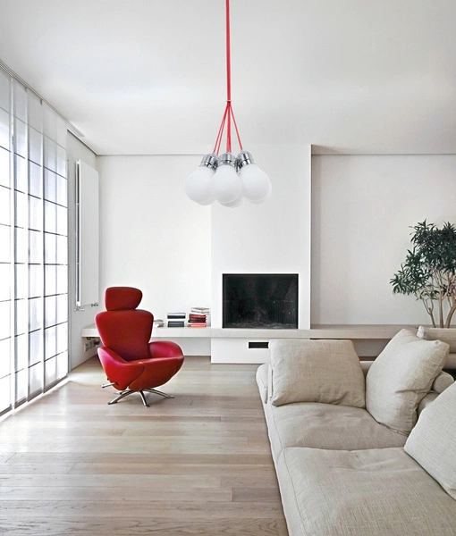 Bulb Pendant Lamp 7xE27 Max.60W Chrome Metal/Red Fabric Cable/White Glass 2810728