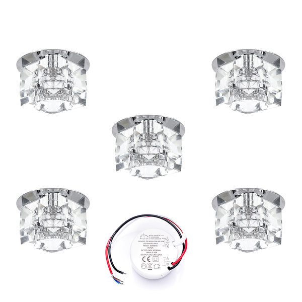 Cristaldream Set of Downlights Incl.5xG4 LED 2,3W with power adapter Chrome Metal/Transparent Glass