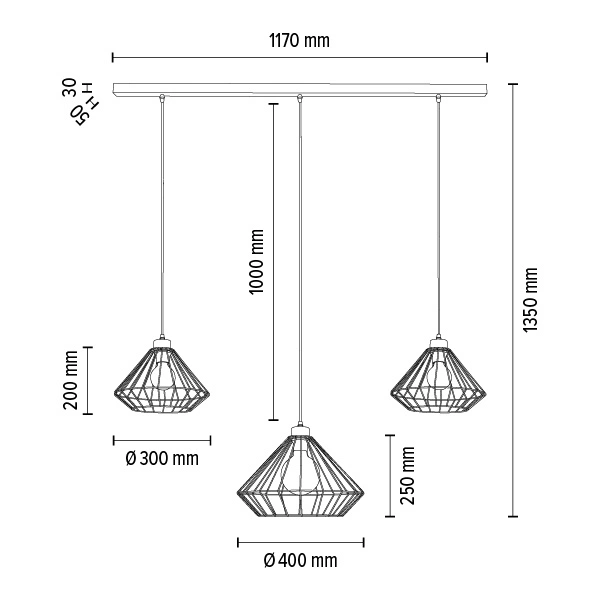 Raquelle Pendant Lamp 3xE27 Max.60W Black Metal/Black PVC Cable 187349304