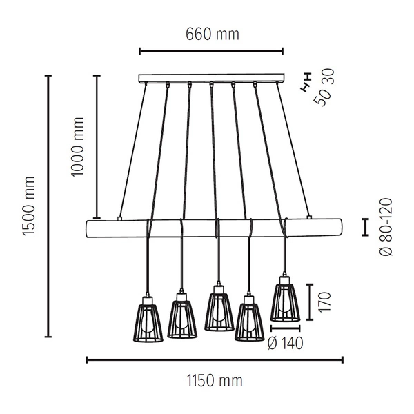 Trabo Long Pendant Lamp 5xE27 Max.60W Stained Pine/Black 69204504