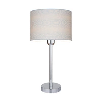 Lampa stołowa Leila 1xE27 maks. 60W chromowany metal/przezroczysty kabel PVC/wielokolorowy papier + klosz z PCV ze wzorem drewna 7652028