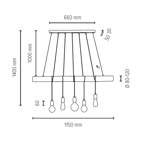 Trabo Long Pendant Lamp 5xE27 Max.60W Stained Pine/Black 69304504