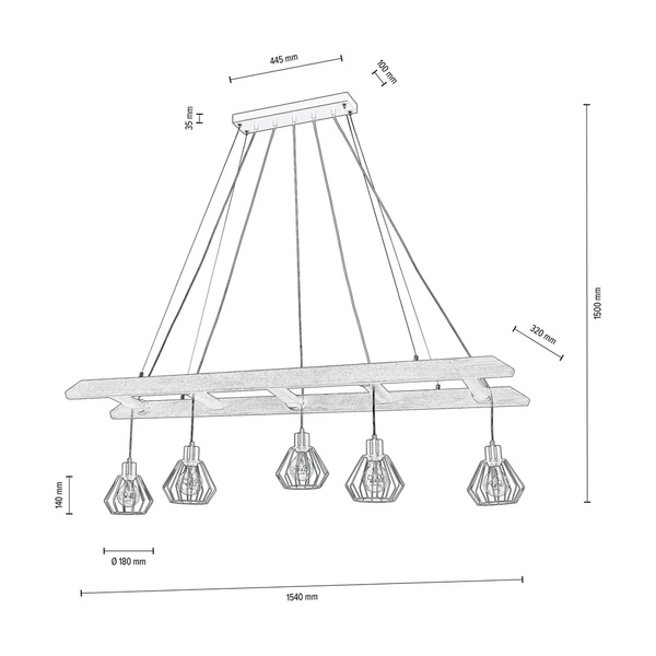 Eskalo Pendant Lamp 5xE27 Max.60W Stained Pine on Walnut/Black Metal/Black PVC Cable 7229556