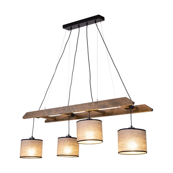 Lampa wisząca Eskalo 4xE27 maks. 25W barwiona sosna na orzechu/czarny metal/czarny kabel PVC/naturalny len z czarną wstążką abażur 7739456