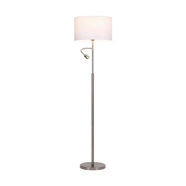 Eros Floor Lamp 1xE27 Max.60W 1xLED Integrated 160lm 3000K 3W Satin Metal/White Fabric Shade/Transparent PVC Cable 1232127