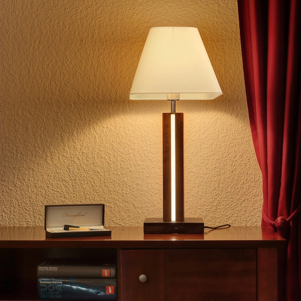 Poczwórna lampa stołowa 1xE27 Max.25W 2xLED 24V zintegrowana 980lm 3000K 10,5W drewno bukowe orzechowe/czarny kabel z tkaniny/biały klosz z tkaniny z dotykowym ściemniaczem 7451976