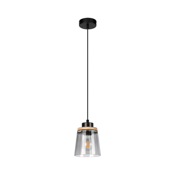 Warnemünde Pendant Lamp 1xE27 Max.60W Oiled Oak/Black Metal/Black PVC Cable/Smoked Glass