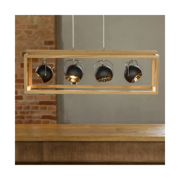 Roy Pendant Lamp Incl.4xLED GU10 5W Oiled Oak/Black Metal/Transparent PVC Cable 61640474