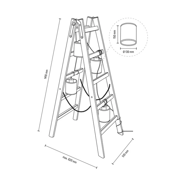 Lampa podłogowa Eskalo 4xE27 maks. 15W LED barwiona sosna brązowa/czarny metal/czarny kabel PVC/naturalny len z czarnym kloszem wstążkowym 1239451