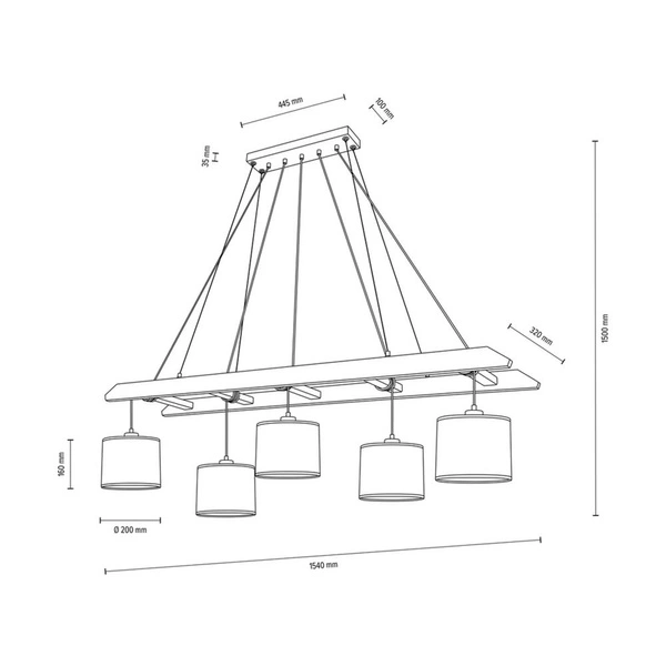 Lampa wisząca Eskalo 5xE27 maks. 25W barwiona sosna na orzechu/czarny metal/czarny kabel PVC/naturalny len z czarnym kloszem wstążkowym 7739556