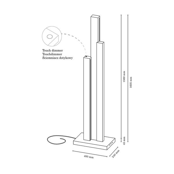 Manhattan Floor Lamp 3xLED 24V Integrated 5600lm 3000K 60W Walnut Beech Wood/Black Fabric Cable with Touch Dimmer 6481976