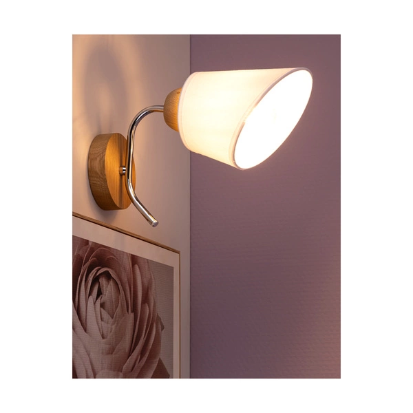 Mette Wood Wall Lamp 1xE27 Max.40W Oiled Oak/Chrome Metal/White Fabric Shade 8341174