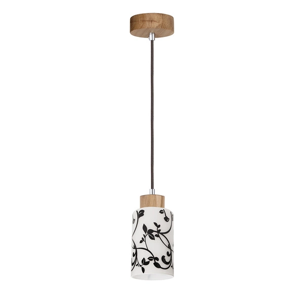 Lampa Wisząca Bosco 1xE27 Max.60W Dąb Olejowany/Antracytowy Kabel Tkaninowy/Biało-Czarne Szkło 1701174G0758