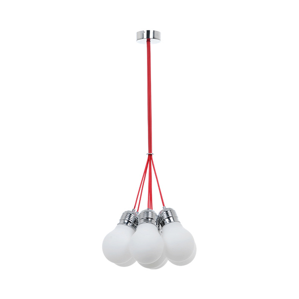 Bulb Pendant Lamp 7xE27 Max.60W Chrome Metal/Red Fabric Cable/White Glass