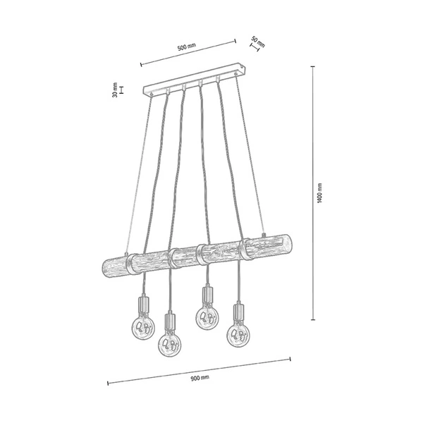 Lampa Wisząca Tongo 4xE27 Max.60W Bejcowana Sosna Brązowa/Czarny Metal/Czarny Kabel PCV 69104404