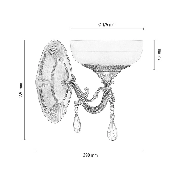 Kinkiet Graciela 1xE27 Max.60W Patyna Metal/Białe Szkło 5460111