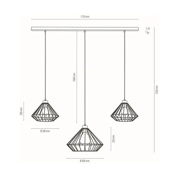 Raquelle Pendant Lamp 3xE27 Max.60W Oiled Oak/Black Metal/Black PVC Cable 187319304