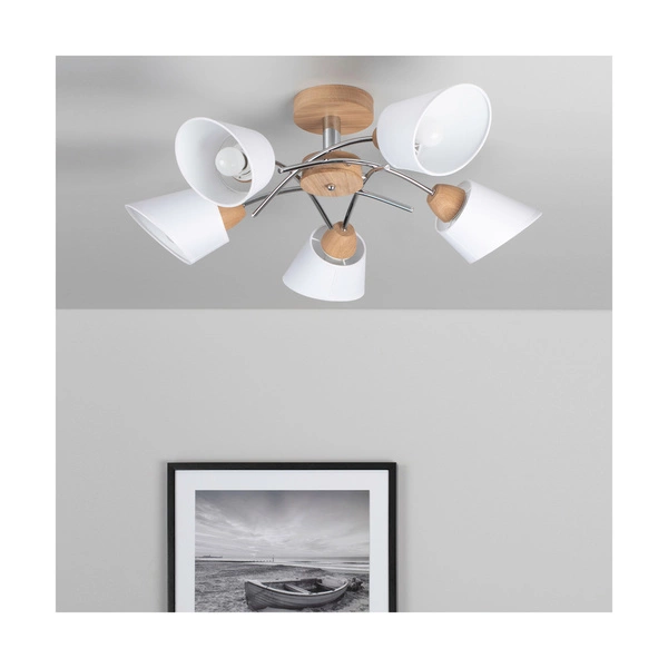 Mette Wood Ceiling Lamp 5xE27 Max.40W Oiled Oak/Chrome Metal/White Fabric Shade 8341574