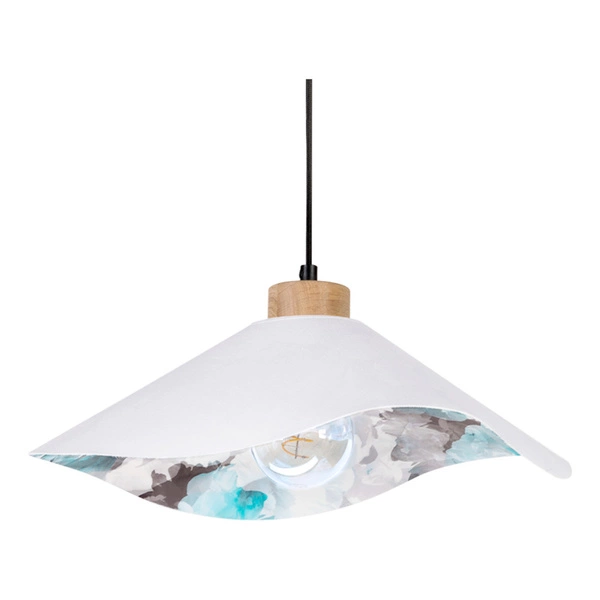Kwiatowa lampa wisząca Hattu 1xE27 maks. 40W Dąb olejowany/Czarny kabel z tkaniny/Biała tkanina i wielokolorowy jedwabny klosz 1614619174