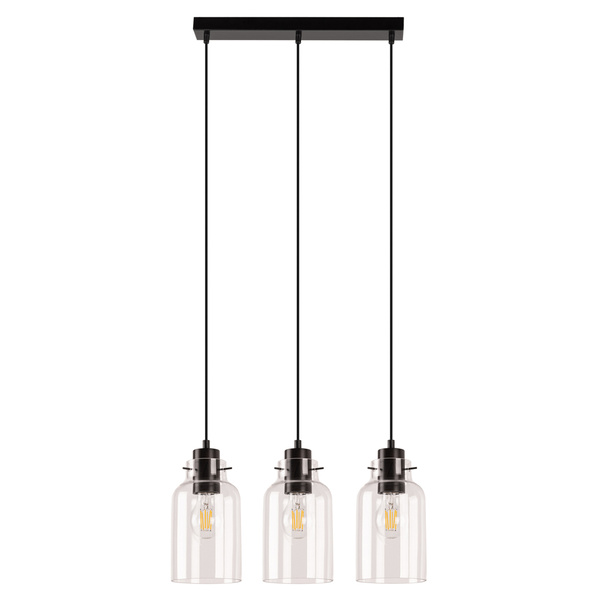 Lampa wisząca Alessandro 3xE27 Max.60W Drewno bukowe orzechowe/Czarny metal/Czarny kabel PVC/Szkło przezroczyste