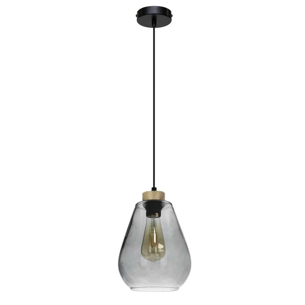 Kigali Pendant Lamp 1xE27 Max.60W Oiled Oak/Black Metal/Black PVC Cable/Smoked Glass