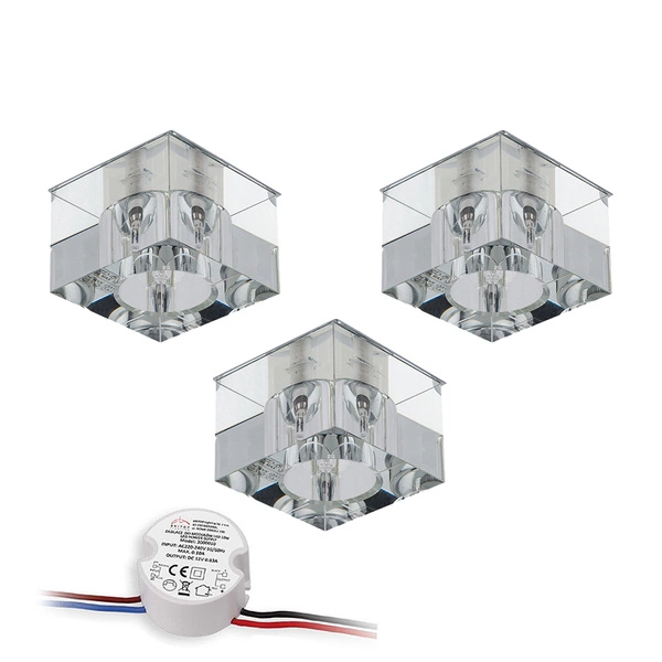 Cristaldream Set of Downlights Incl.3xG4 LED 2,3W with power adapter Chrome Metal/Transparent Glass 51143001