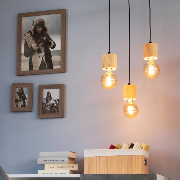 Lampa Wisząca Pino 3xE27 Max.60W Naturalna Sosna/Czarny Metal/Czarny Kabel PCV 7161350