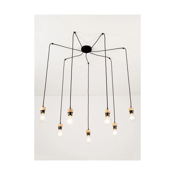 Clarte Pendant Lamp 7xE27 Max.60W Oiled Oak/Black Metal/Black Fabric Cable 3491704