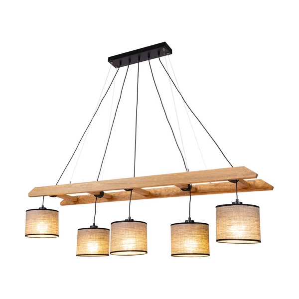 Eskalo Pendant Lamp 5xE27 Max.25W Stained Pine Brown/Black Metal/Black PVC Cable/Natural Linen with black ribbon Shade 7739551