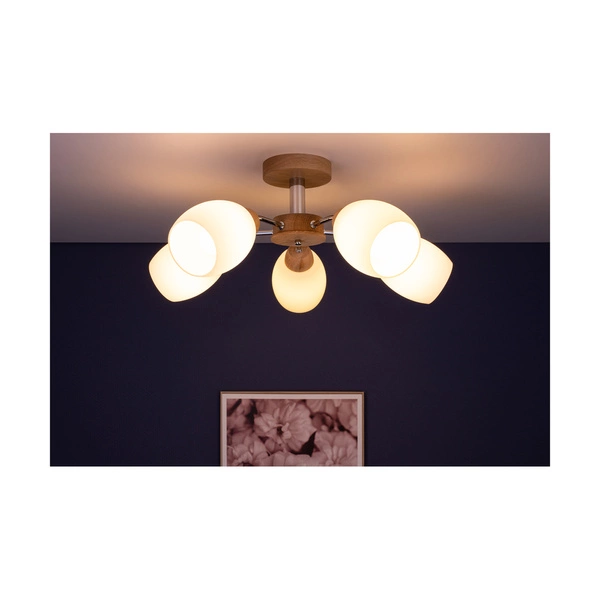 Parma Wood Ceiling Lamp 5xE27 Max.60W Oiled Oak/Chrome Metal/White Glass 8320574