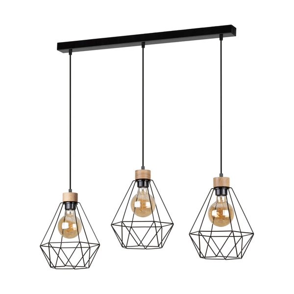 Diament Pendant Lamp 3xE27 Max.60W Oiled Oak/Black Metal/Black PVC Cable 21822304