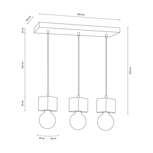 Strong Square Pendant Lamp 3xE27 Max.60W Gray Concrete/Black Fabric Cable 7089336