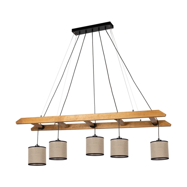 Eskalo Pendant Lamp 5xE27 Max.25W Stained Pine Brown/Black Metal/Black PVC Cable/Natural Linen with black ribbon Shade