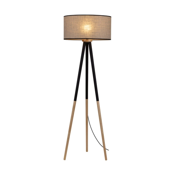 Lampa podłogowa Panda 1xE27 maks. 60W drewno czarno-brzozowe/czarny kabel PVC/naturalny len z czarnym kloszem wstążkowym 6016408310025