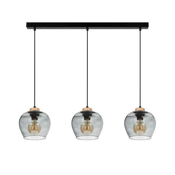 Praia Pendant Lamp 3xE27 Max.60W Oiled Oak/Black Metal/Black PVC Cable/Smoked Glass