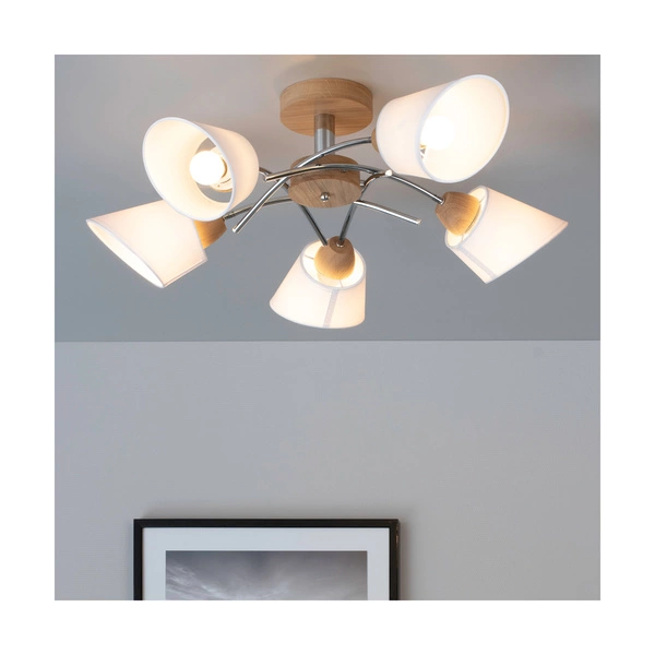 Mette Wood Ceiling Lamp 5xE27 Max.40W Oiled Oak/Chrome Metal/White Fabric Shade 8341574