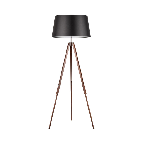 Tripod Floor Lamp 1xE27 Max.60W Walnut Beech Wood/Transparent PVC Cable/Black Fabric Shade