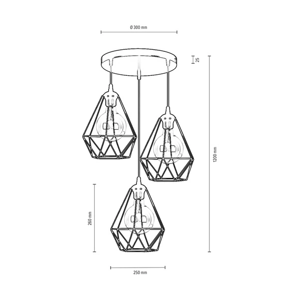 Diament Pendant Lamp 3xE27 Max.60W Black Metal/Black PVC Cable 2179304