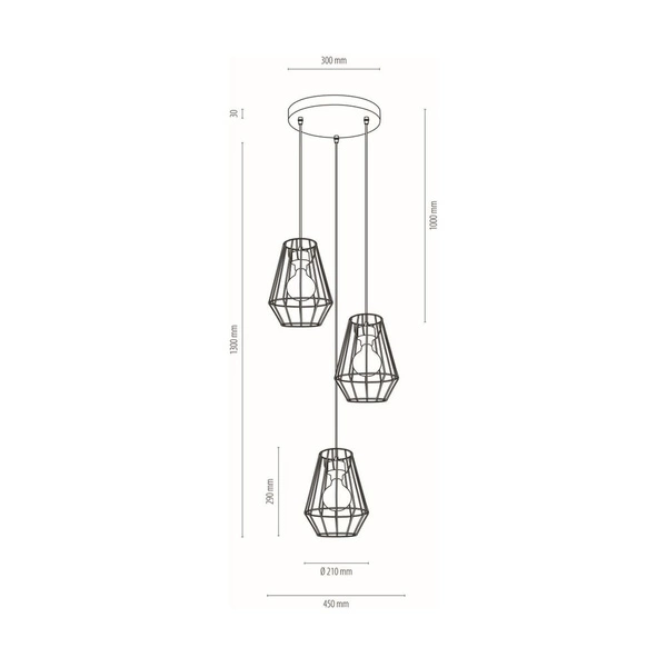Endorfina Lampa Wisząca 3xE27 Maks. 60W Dąb Olejowany/Czarny Metal/Czarny Kabel PCV 1321304R