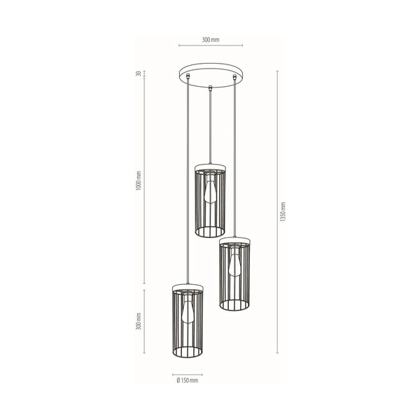 Timeo Pendant Lamp 3xE27 Max.60W Stained Pine Gray/Black PVC Cable/Black Metal 195109357R
